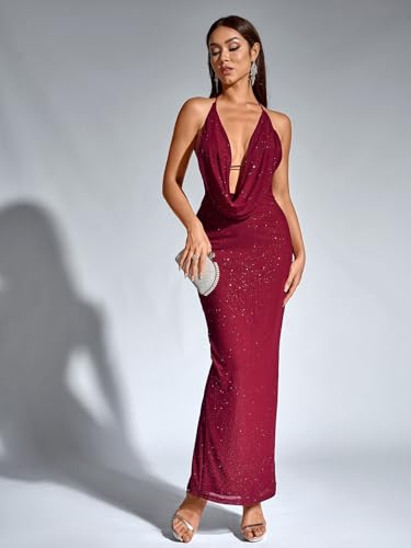 Image of KUTUMAI Women V Neck Long Formal Dress Floral Bodycon Maxi Split Back Dresses Sexy Sequin Evening Cocktail Party Gown