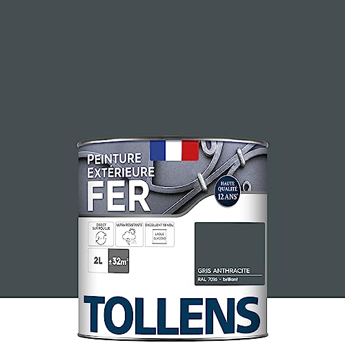 Tollens - Peinture extérieure fer 2 en 1 - Ultra Résistante - Protection antirouille - Laque Riche en Résine - Sans Sous-Couche - Entretien Facile - Brillant - Gris Anthracite - 2L = 32m2