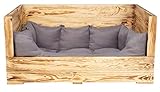 Hundebett Balu aus Holz mit Kissen 90x57x45cm Hundekorb Hundekissen Schlafplatz Vintage Hundesofa Außenbereich Outdoor (90x57x45cm, Geflammt)