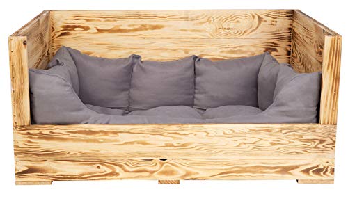Kistenkolli Altes Land Hundebett Balu aus Holz mit Kissen 115x54x40,5cm Hundekorb Hundekissen Schlafplatz Vintage Hundesofa (115x54x40,5cm, Geflammt)