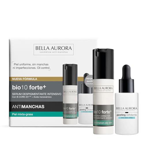 Bella Aurora Pack Bio10 Forte+ Sérum Despigmentante Intensivo con B-Core 221™ y Ácido Tranexámico Piel Mixta-Grasa + Peeling Exfoliante 10% AHA + PHA | Rutina Antimanchas