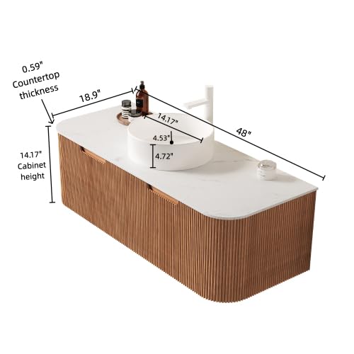 Image of KEIKI 48 inch Bathroom Vanity with Sink, Wall-Mounted Floating Vanity with Curved Edges & 3D Striped Drawer Fronts, White Round Ceramic Basin, Pre-Assembled Storage Cabinet, Natural Wood