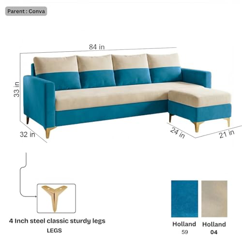 Image of FURNY Canvora 5 Seater L Shape Sofa Set with Movable Ottoman | Flexible Left or Right Layout | Plush Velvet Fabric (Cream-Aqua Blue) | Perfect for Living Room, Guest Room & Office