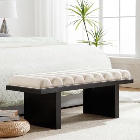 HEAH-YO Modern Bench,47” Width End of Bed Bench with Cylindrical Cushion and Wood Legs,Upholstered Linen Beige Fabric Entryway Bench for Living Room,Black Legs Cover