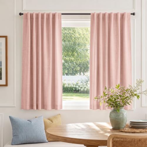 Image of Faux Linen Total Blackout Curtains for Bedroom 54 Inch Long Blush Pink | 100% Blackout Shield, Back Tab /Rod Pocket Living Room Drapes, Thermal Insulated Blackout Curtains 2 Panels Set, 42 inchW x 54 inchL