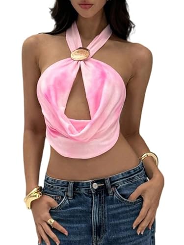 SHENHE Women's Sexy Halter Tops Backless Draped Front Cowl Neck Strapless Shell Crop Rave Tops