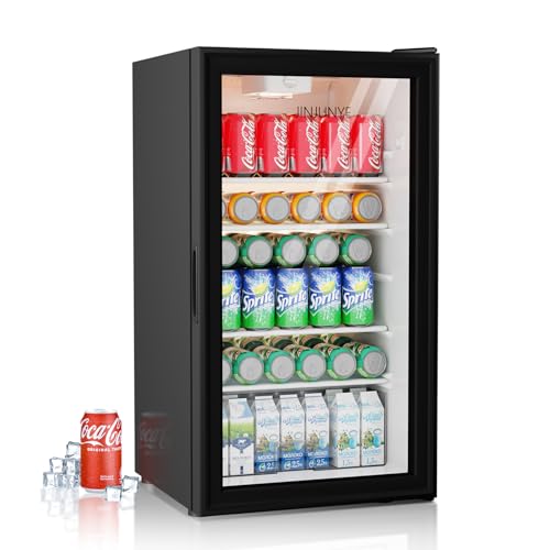 Beverage Refrigerator Cooler, 128 Can 3.2Cu.ft Mini Fridge, Small Refrigerator Glass Door for Beer Drinks Soda Wine, Beverage Fridge with Adjustable Removable Shelves for Home Office Bar