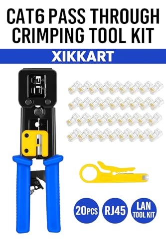 Image of XIKKART Passthrough RJ45 Crimping Tool Kit with Wire Stripper & Cutter | 20PCS Cat6 Pass Through Connectors | RJ45 Modular Plug Crimper LAN Tool Kit for Cat5 Cat5e Ethernet Cable Network Installation