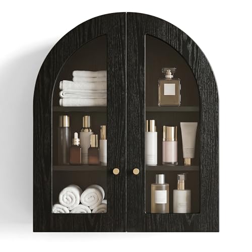 Arched Wall Cabinet, Over The Toilet Storage Cabinet, Bathroom Cabinet Wall Mount with Glass Doors & Adjustable Shelf, Floating Medicine Cabinet for Bathroom, Kitchen, Living Room Storage, Black