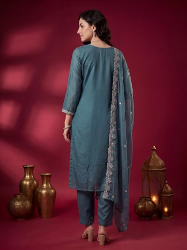 Image of INDO ERA Women's Silk Blend Straight Kurta with Pant & Dupatta Set