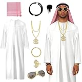 Kostüm Arabischer Scheich Set, Scheich Kostüm Herren, K-ostüm Scheich Araber, Aladin Kostüm Weißes Gewand Mit Kopftuch, Finger Ring,Halsketten,Sonnenbrillen, Sonnenbrillen für Karneval, Cosplay (XL)