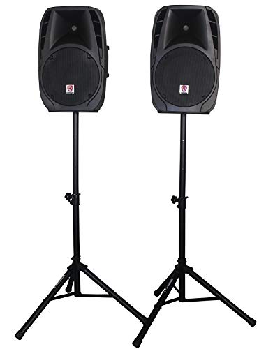 Image of Rockville RPG2X12 PA Speaker System - Dual 12 Inch Powered Speakers, 8-Channel Mixer with Bluetooth, Adjustable Stands, 2 Wired Microphones, Cables
