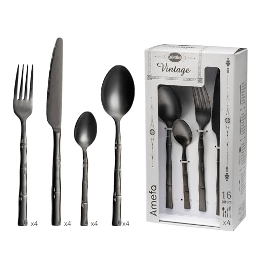 Amefa Karma Servizio Posate 16 Pezzi Noir, Acciaio Inox, Stile Vintage, Inossidabile, Nero