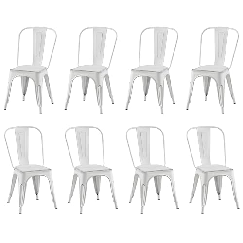 Image of Metal Dining Chairs with Back, Stackable, Distressed White, 8 Pack | Easy Assembly, Non-Slip Feet, 330 lb Capacity, Kitchen, Restaurant, Cafe, Pub, Covered Patio