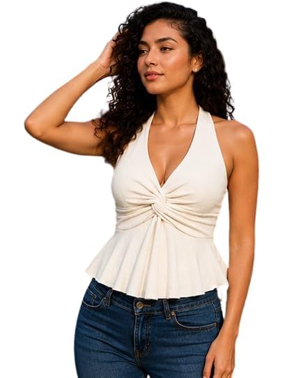Women's Halter Neck Twist Front Peplum Top | Sleeveless V Neck Breathable Slim Fit Top | Stylish Casual for Office, College, Travel, Vacation, Party, Holiday-picture-40