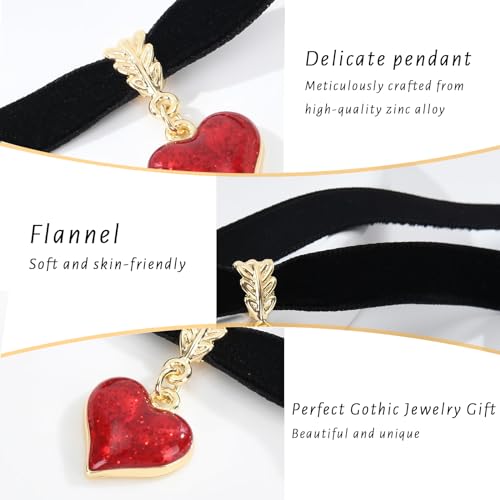 Moguri® Schwarze Halskette im Vintage-Stil für Damen, Samt-Tropfenöl, rotes Herz, schwarzes Halsband, Valentinstag Weihnachten Cosplay Party Schmuck, verstellbare Länge