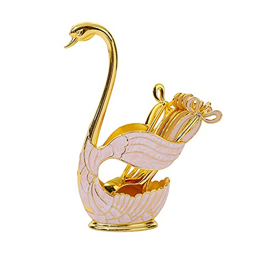 Metal Swan Base Spoon Holder Set,Coffee Dessert Spoon Swan Base Holder,Swan Base Spoon Set,Swan Base Spoon Holder with 6 Spoons(Gold)