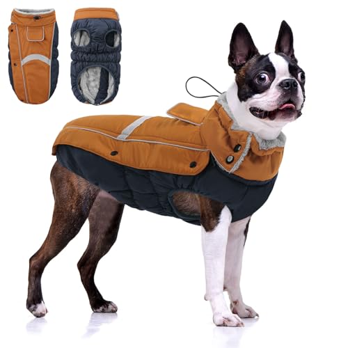 CITÉTOILE Hundemantel Wasserdichter, Hundejacke Winddichte Wintermantel Hund Outfit mit Reflektierender Streifen und Reißverschluss, Braun, S
