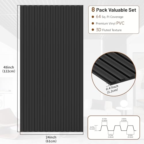 RITOLLO 8-Pack PVC Slat Wall Panels for Interior Wall Decor, 24x48in 3D Fluted Panels, 2x4 FT Cuttable Drop Ceiling Tiles for Bathroom, Studio and TV Background, Water-Proof & Renter-Friendly(Black)