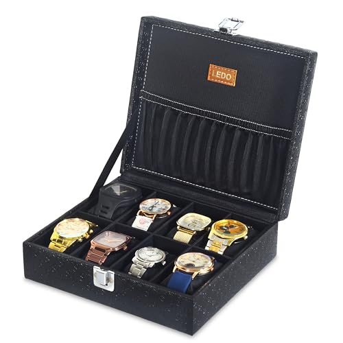 Image of LEDO Watch Box Organizer Case, 8 Slots, Black PU Leather, Metal Clasp Lock, Velvet Interior, Modern Classic Storage Box for Men and Women, Pack of 2