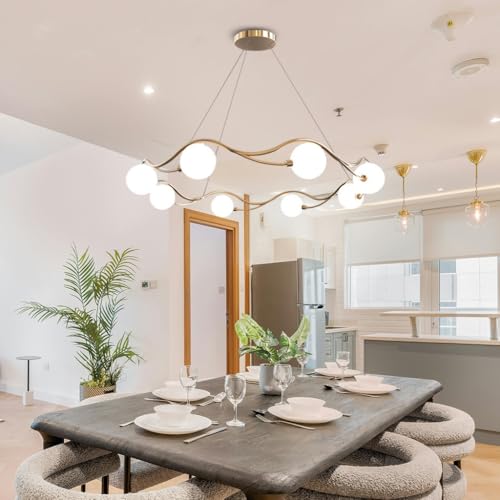 VTAMng Lámpara de araña Sputnik dorada moderna lámpara colgante 8 luces con altura ajustable lámpara de techo metal dorado con pantallas de globo blancas ideal para sala de estar comedor guardarropa(B