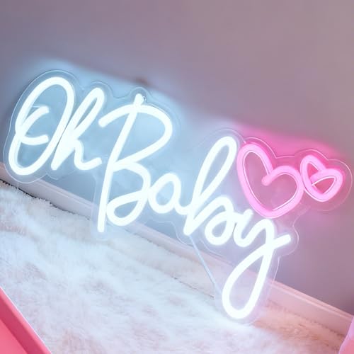 Oh Baby LED Neon Sign with Heart, USB Powered Dimmable Decorative Neon Light for Home Bedroom Living Room Baby Shower Party Gift Wall Table Decor 16.9 x 8.3 In