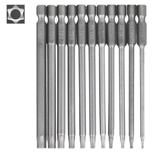 Set de 11 Embouts longs Torx pour Tournevis et Visseuse électrique - Embouts Torx Magnétiques de 100 mm avec tige Hexagonale de 1/4 Tailles de T6 à T40 adaptés pour visseuses électriques et outils