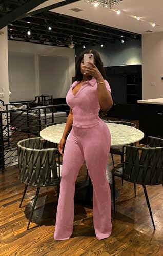 HBQ Women Two Piece Outfit Ribbed Short Sleeve V Neck Polo Top and Flare Pants Casual Lounge Sets Tracksuit-Pink-XXL