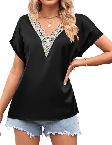 Oberteil Damen Sommer Kurzarm Satin T Shirt Spitzen V Ausschnitt Hemd Elegante Raglan Bluse Blusenshirt Lässige Streetwear Shirts Damen Tops S-XXL