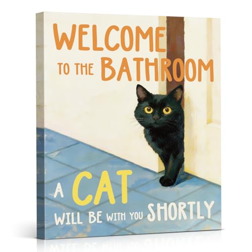 YJIKRTVT Funny Black Cat Bathroom Wall Art Welcome To The Bathroom A Cat Will Be With You Shortly Quote Canvas Print Artwork Cute Humorous Wall Decor for Restroom Toilet 8x10 Inches