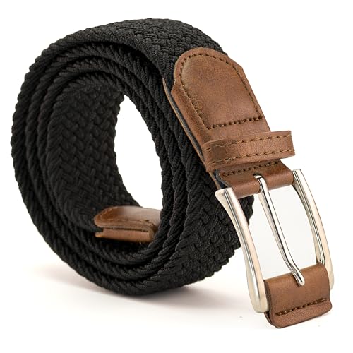 Cinturón trenzado acabado en cuero, Cinturón trenzado, Cinturón tela, Cinturones ajustable, Cinturones trenzados hombres, Cinturones trenzados mujer, Negro, 100cm