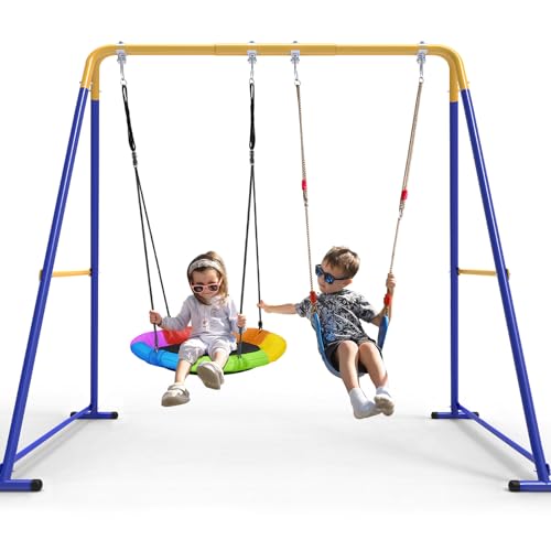 Swing Sets for Backyard, Toddler Swing Set with 2 Seat 1 Saucer & 1 Belt Seat, 440lbs Heavy-Duty Swing Frame w/8 Ground Stakes, A Frame Outdoor Swingset for Kids and Adults for Backyard