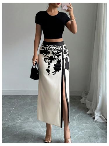 MakeMeChic Women's Work Floral High Waist Skirt Ruched Split Thigh Bodycon Maxi Skirts2