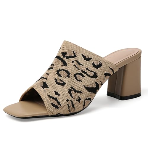Image of Tilocow Knit Heeled Sandals for Women Square Open Toe Heeled Mules Chunky Block Low Heel Slip On Slides