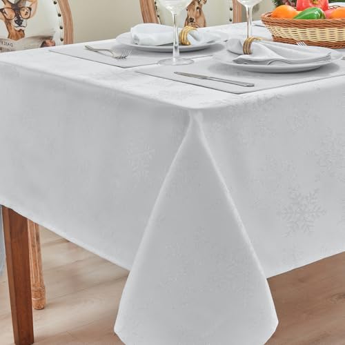 Rectangle Fancy Metallic Sparkling Snowflake Christmas Fabric Table Cloth red Hunter Gold Navy White Silver No-Iron Soil Resistant Woven Holiday Table Cover(White Silver/52x70Inch) – Image 5