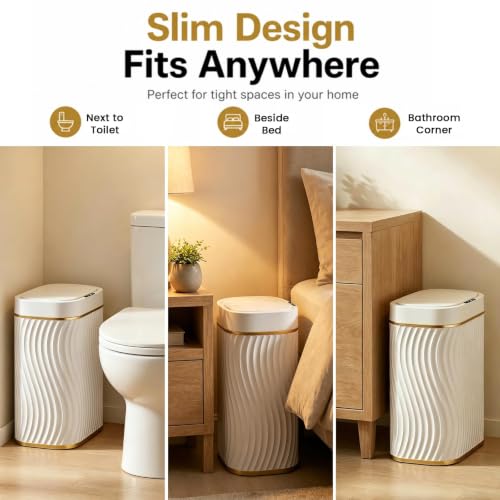 Image of Ogikey Bathroom Trash Can with Automatic Touchless Lid, 5 Gallon Smart Garbage Can Narrow Waterproof Trash Bin for Bedroom, Office, Living Room (5 Gallon-White)