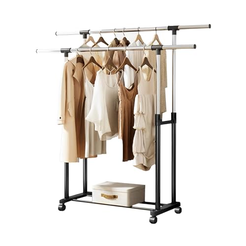 Perchero Burro Doble. Perchero de Pie Extensible con Ruedas, 2 Barras Superiores y Baldas de Almacenamiento Inferior. Burro Ropa Resistente, con Altura Ajustable. Perfecto para Hogar, Pasillo.