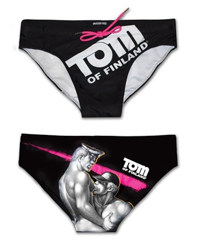 Tom of Finland Black Logo Swim Briefs (Bikini, Gay, Adjustable Drawstring, Swimsuit)