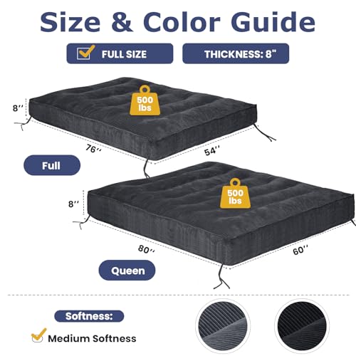Image of JUIKURY 8 inch Futon Mattress Full Size, Thick Futons Sofa Couch Bed Sleeper Sofa Bed, Floor Mattress for Adults, Roll Up Folding Mattres Shredded Foam Filling, Medium Firm(Frame Not Included)
