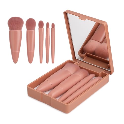 Kit Pincéis Maquiagem Profissional 5 Peças com Estojo e Espelho – Compacto, Cerdas Macias, Ideal para Viagem (Marrom)