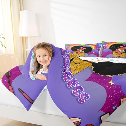 Image of Erosebridal Black Girls Full Comforter Set African Princess Bedding Set Dreamy Rainbow Magical Comforter Cute Little Princess Bed Sets for Kids Melanin Bedroom Decor (1 Comforter, 2 Pillowcases)