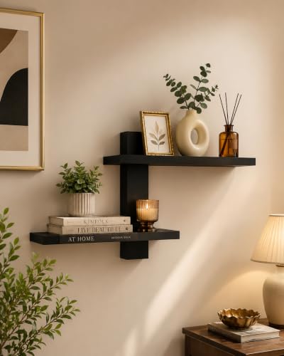 Image of Wooden Floating Wall Shelf for Living Room Bedroom, Office & Home Decor MDF Engineered Wood Storage Shelf (Black)