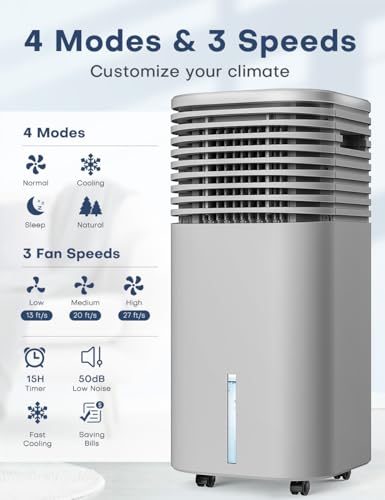 Image of 4-IN-1 Portable Air Conditioners, Evaporative Air Cooler w /4 Modes & 3 Speeds, 15H Timer for Smart Auto-off, 2-Gal Tank for 20H Cooling,17FT Remote,No Hose Needed - Grey