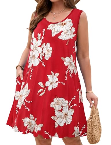 Image of JollieLovin Women Plus Size Curvy Summer Tank Sun Dresses Sleeveless Causal T-Shirt Dress Beach Swing Cover up(L-5X)