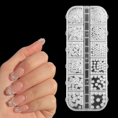 12 Grids Nail Pearls White Flatback 3D Pearl Charms Half Round Nail Art Beads Mini Luxurious Pearl Accessories for Manicure Acrylic Nails DIY Design Crafting Nails Tips Decor (2 Styles 6 Sizes)