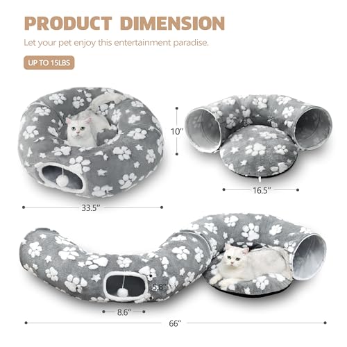 Image of Cat Tunnel for Indoor Cats, Cute Peekaboo Cave with Dangling Balls, Pet Donut Tunnel Bed with Circle Mat for Puppy Kitten Rabbit, Grey