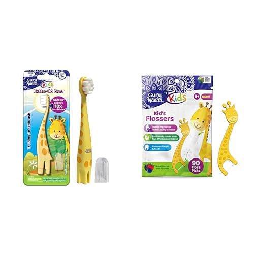 GuruNanda Kids Dental Care Bundle: Giraffe-Themed Butter On Gums Training Toothbrush and Extra-Long Fluoride Dental Floss Picks – Gentle Cleaning, Cute Design, and Eco-Friendly Fun