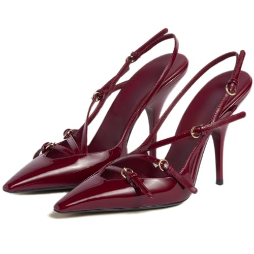 Escarpins pointus pour femme avec bride à boucle et talon aiguille sexy, Bordeaux, 39 EU
