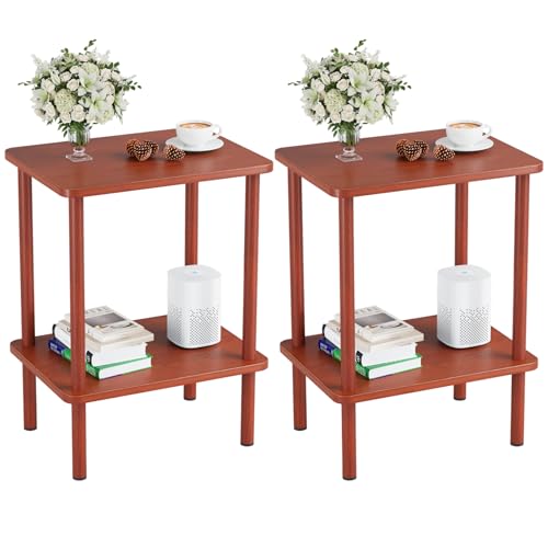 Apicizon 2 Tier End Table Set of 2, Small Side Table with Solid Wood Legs, Boho Bedside Table with Storage Shelf, Nightstand for Small Spaces, Bedroom, Living Room, Entryway, Vintage Brown