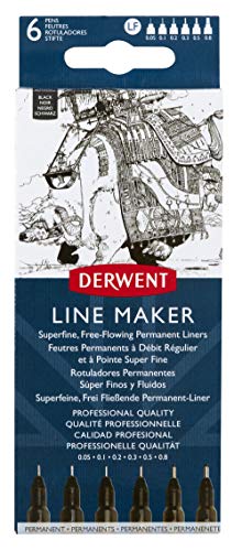 Derwent Pens, Line Maker, Permanent, Black, for Professional, Artist, Drawing, Coloring, Writing, 6-Piece Set